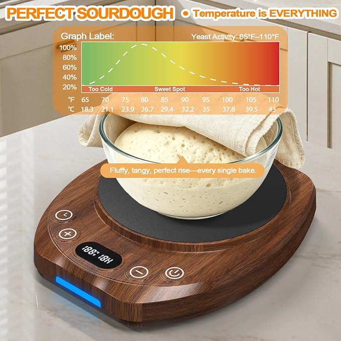 Sourdough Starter Warmer Mat,65-110°F 1°F Precision, 24H Timer & Memory, Electric Heating Mat for 24-40oz Jars, Home Baking（Wood grain）