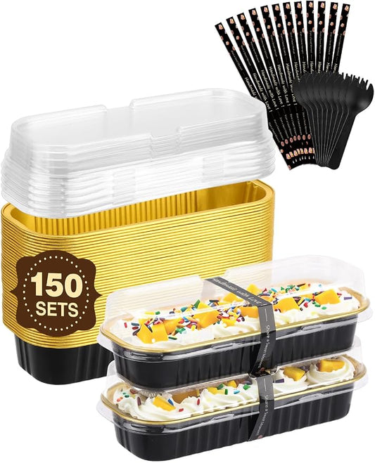 NEEBAKE 150 Pack 6.8 oz Disposable Mini Loaf Pans with Lids and Spoons - 6.5x2.5x1.2 Black Gold Aluminum Loaf Pans, Small Aluminum Tin Foil Baking Pan, Food Containers for Cakes, Bread, Loaves