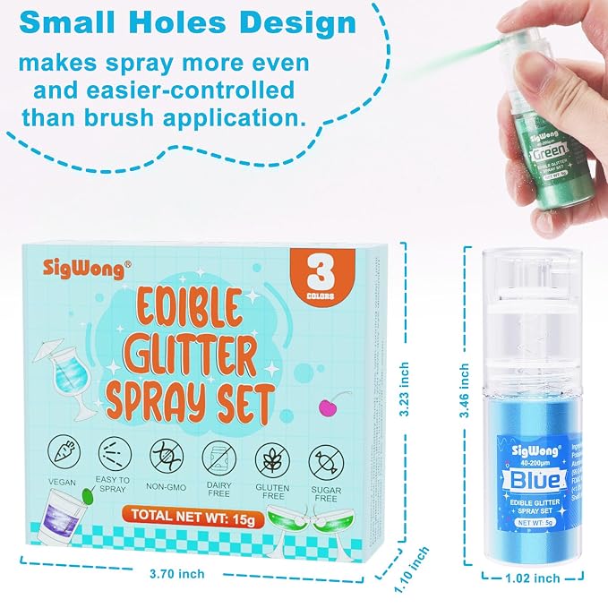 Edible Glitter Spray Set - 3 Color 100% Edible Glitter for Cakes, Cupcakes, Cake Pops, Drinks, Chocolate, Strawberries, Cookies, Food Grade Coloring Glitter, Blue, Purple, Green (5g/Bottle)