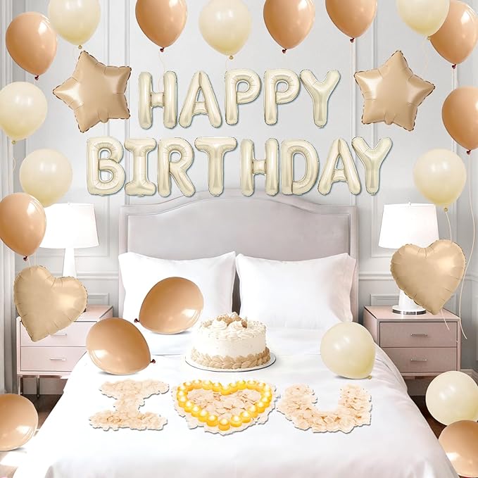 Neutral Happy Birthday Balloons Decorations Beige Cream Neutral Birthday Balloon Letters Banner with Star Heart Balloons 1000 Artificial Rose Petals 24 Flameless LED Candles for Birthday Party Supply