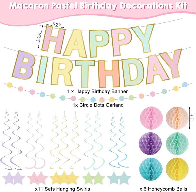 Pasimy Pastel Macaron Happy Birthday Decorations Kit Including Rainbow Happy Birthday Banner Rainbow Hanging Swirls Streamers Cutouts Colorful Honeycomb Balls Circle Dots Confetti Garland Supplies