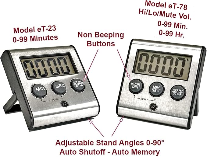 Elegant Digital Kitchen Timer Stainless Steel - Loud Alarm - Model eT-23