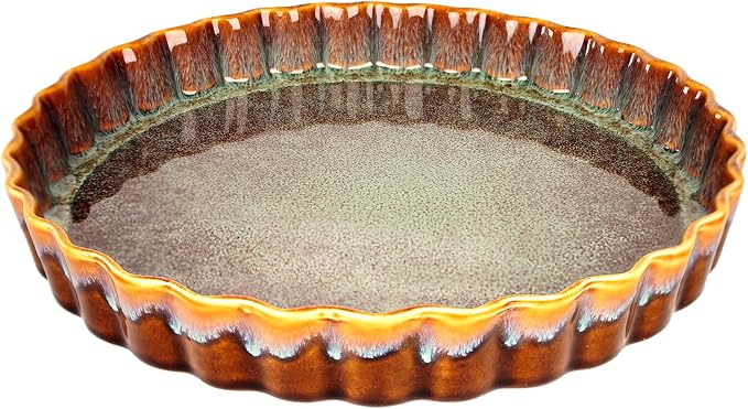 Large Quiche Tart Pans Pan, 27 oz Ceramic Au gratin pans, Fluted Ruffled Edge for Quiche Baking Dish/Pie Pan - Oven, Microwave, Freezer and Dishwasher safe - Great Gift for Bakers 9.6 Inch