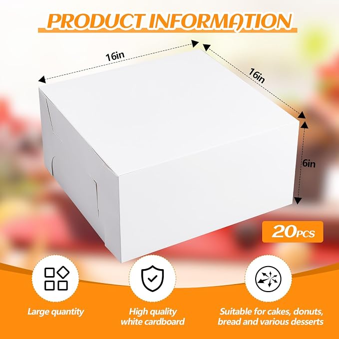 Ireer 20 Pack White Cake Box 16 x 16 x 6 Inch White Cardboard Bakery Box Disposable Pastry Containers for Pie Pastry Cookie Dessert