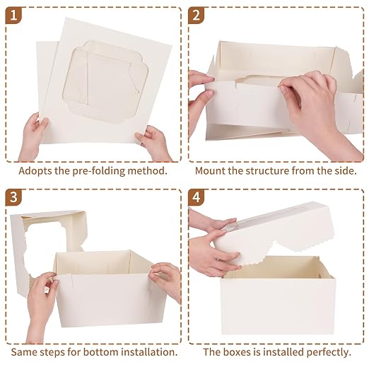 TOMNK 20pcs Cake Boxes, 12x12x6Inch White Bakery Boxes with Window, Disposable Cake Caddy Carrier Container for Valentine's Day, Mother's Day, Pie Pastries Cookies