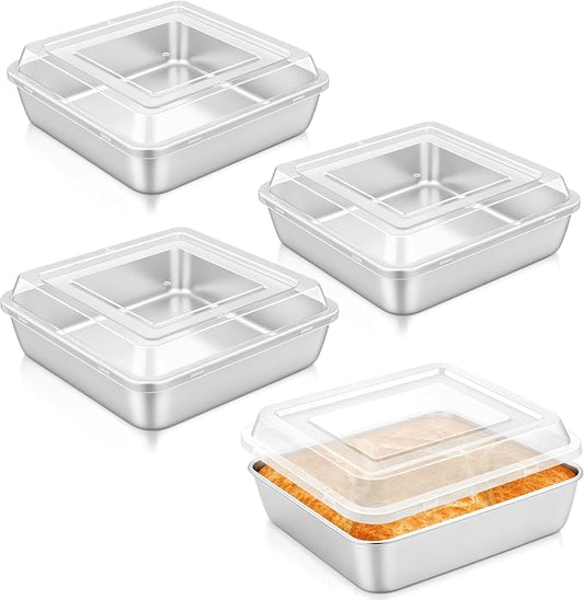 Leonyo Stainless Steel 8x8 Baking Pan with Lids, 4 Set Metal 8IN x 8IN Square Cake Pans with Lids, Commercial Brownie Pans Baking Dish for Lemon Bars, Dishwasher Safe(Except for Plastic Lids)