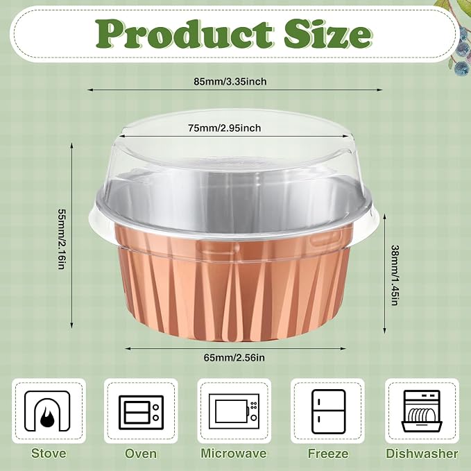 200 Pack Aluminum Foil Cupcake Liners with Lids, 5 oz Round Baking Cup, Disposable Ramekin Container for Graduation Wedding Independence Day Party(Rose Gold,Plain)