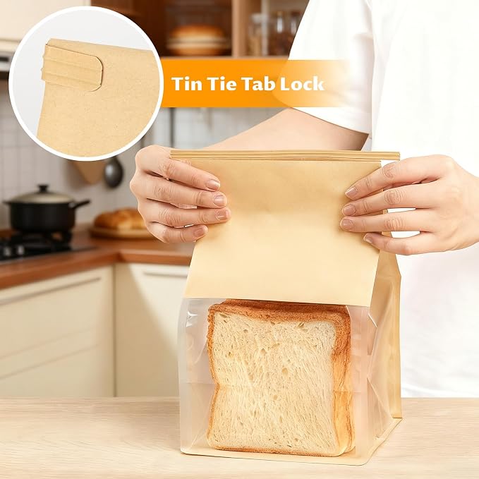 Sourdough Bread Bags with Tin Tie Tab Lock, 50 PCS, 10.3 x 6.3 x 5.1 Inch | Paper Bakery Bags with Window For Homemade Breads Cookies, Bagels, Pastries Bake Sale Packaging
