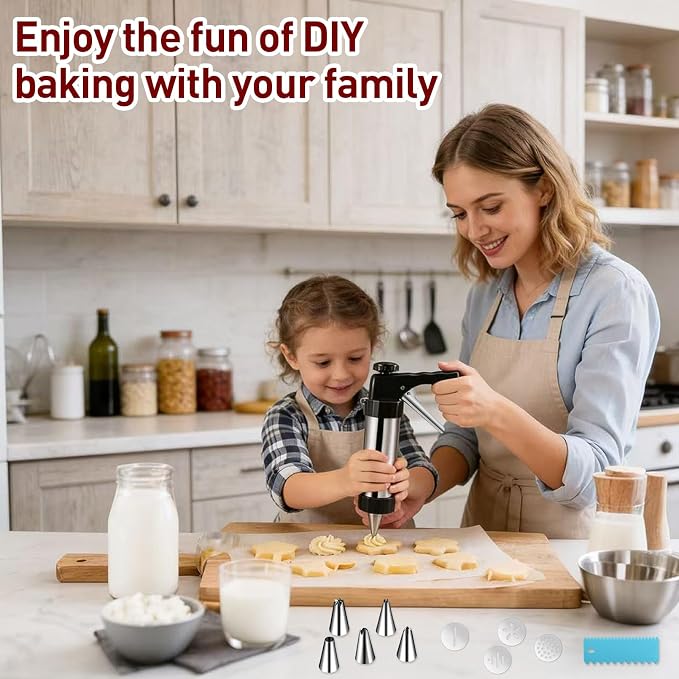 52 Pcs Cookie Press Gun Kit Stainless Steel Cookies Press Spritz Cookie Press Gun for Baking with 16 Cookie Discs,Piping Tips,Piping Bags for DIY Christmas Cookies Maker Cake Decorating
