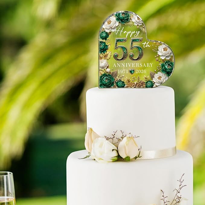 55th Anniversary Cake Topper Acrylic,55 th Anniversary Decorations & Keepsake Gift for Couples（55th Anniversary-Green Floral）