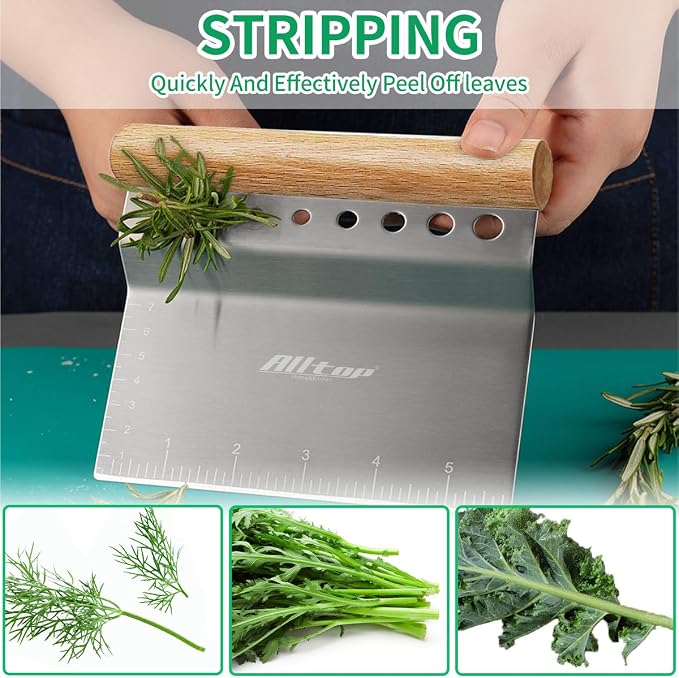 ALLTOP Dough Bench Scraper/Cutter/Chopper, 1 Pack | Stainless Steel Blade, Herb Stripper, Scale Ruler, Leaf Remover