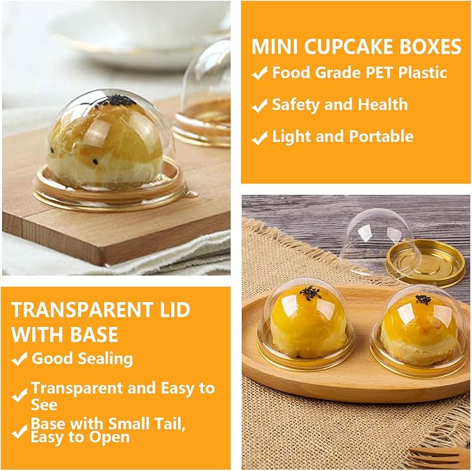 WOPPLXY 200 Pcs Mini Cake Containers, Clear Plastic Small Cupcake Boxes with Dome Lids, Mini Cupcake Container, Mini Flan Container for Individual Cookies Cheesecake Mooncake Desserts