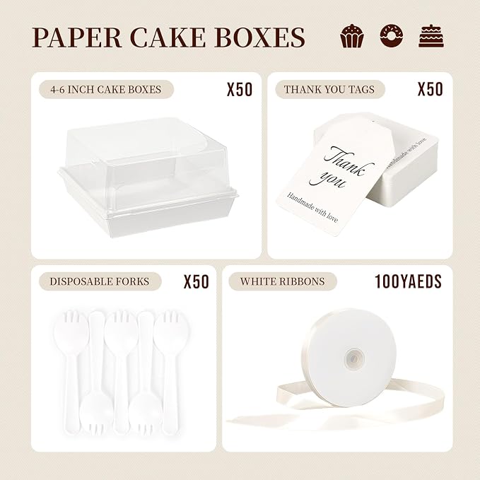 7 x 7 x 4 Inches Paper Cake Boxes with Clear Lids, 50 Pack White Large Charcuterie Square Food Containers, Valentine's Day Disposable Bakery Boxes for 4-6 Inch Bundt Cake, Pie, Dessert