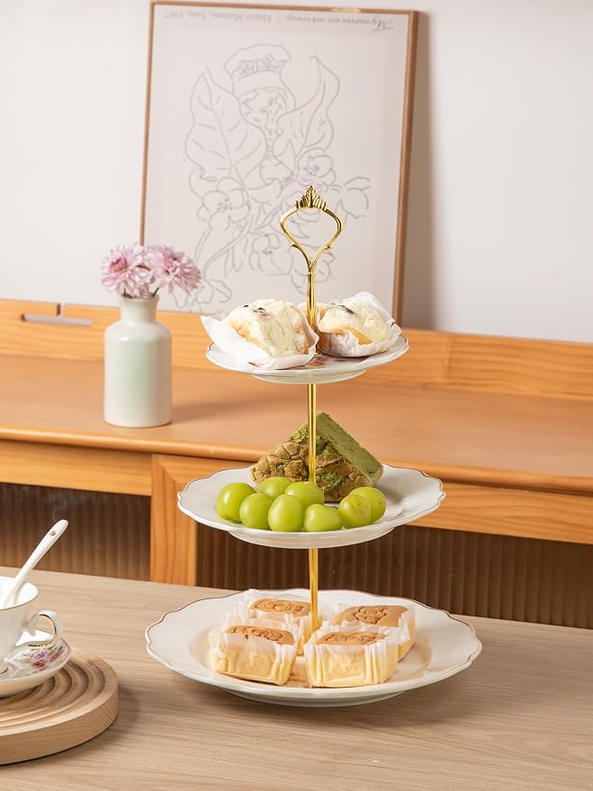 Sweejar 3 Tier Ceramic Cake Stand Wedding, Dessert Cupcake Stand for Tea Party Serving Platter(Small Flower)