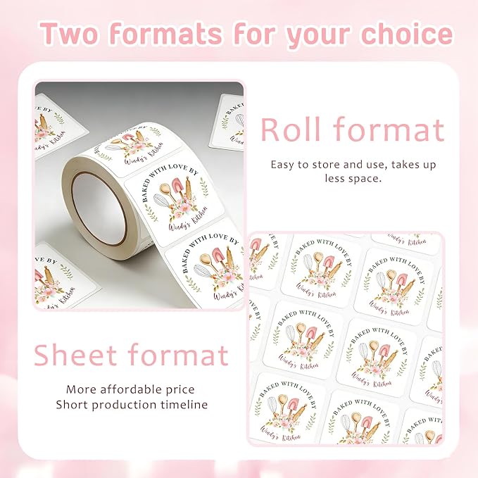 120-1000 Pack Custom Baked with Love Stickers,Personalized Baking Labels for Branding,Packaging,Gift Tags, 1.5 2 2.5 Inch Bakery Labels, Roll or Sheet Format (Round)