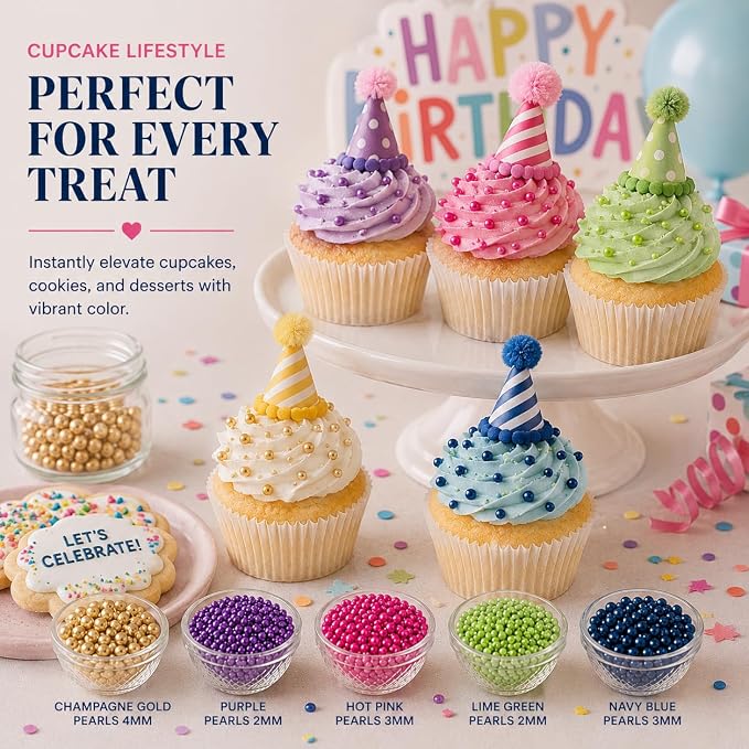 Confect Pearl Sprinkles | Pack of 5 Tropical Tea Party Disco Ball Sprinkles | Mix Golden, Purple, Neon Pink, Lime Green & Navy Blue Pearl Dragees - Vegan, Gluten-Free, Nut-Free, Soy-Free, Dairy-Free, Palm Oil-Free, No Artificial Dyes - 5 Oz