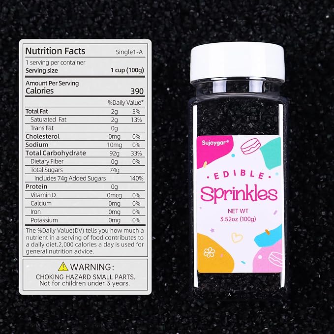 Black Sprinkles for Cake Decorating, 3.52oz Black Sanding Sugar Sprinkles, Edible Glitter Sprinkles for Cupcake Toppers Baking Drinks Cookie Ice Cream Dount Chocolate
