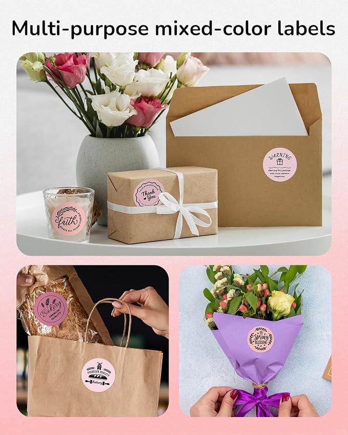 Phomemo Round Labels- Pink Gradient 5 Colors Thermal Labels, 2 Inch Circle Self-Adhesive Stickers for M110/M100/M220/M250 Label Printers, Thermal Paper for Gift, Candle, Logo, Baking Box, 140pcs/Roll