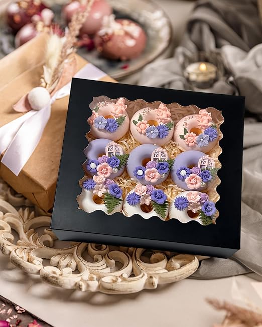 Bakepacker 240pcs Black Pie Boxes 8"x 8"x 2.5" Easy Assemble Macaroon Cookie Boxes Bakery Boxes with Window for Bakery (Auto-pop Up)