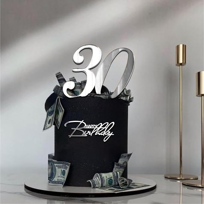 10 PCS Silver Happy Birthday Acrylic Cake Toppers Mirrored Side Cake Decorations Inserts 10 Styles (Silver)