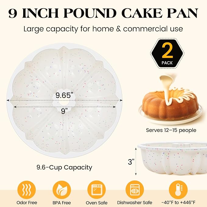 Vinino 9.5 Inch Silicone Fluted Tube Cake Pan with Metal Reinforced Frame, Pound Cake Pan Mold, BPA Free Silicone Bakeware for Cake, Bread, Jello, Gelatin, Flan, 2 Pack
