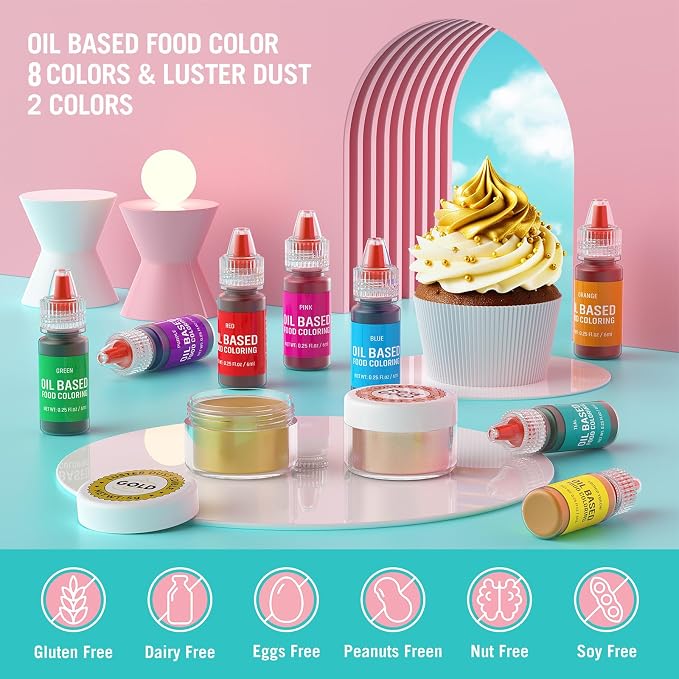 Luster Dust 2 Color & Oil Based Food Coloring for Chocolate 8 Color Set, Edible Food Dye and Shimmer Cake Dust Metallic Food Coloring Powder Glitter for Chocolate Candy Cake Decorating Baking Cookie