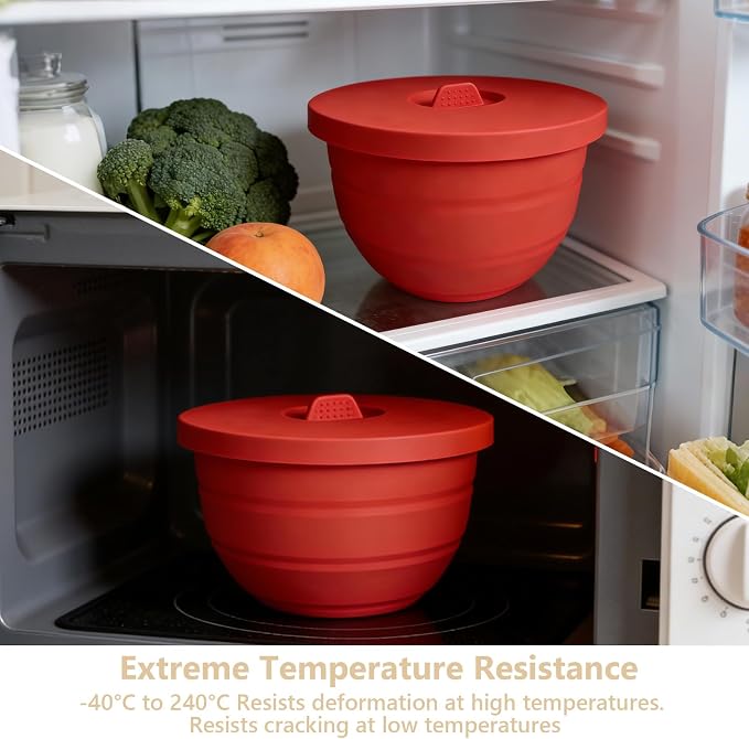 Silicone Mixing Bowl Liners Compatible with KitchenAid 5Qt Tilt-Head Stand Mixer, Food Grade Collapsible Bowl Inserts with Airtight Lids, Foldable & Reusable Mixer Accessories for Baking，Red