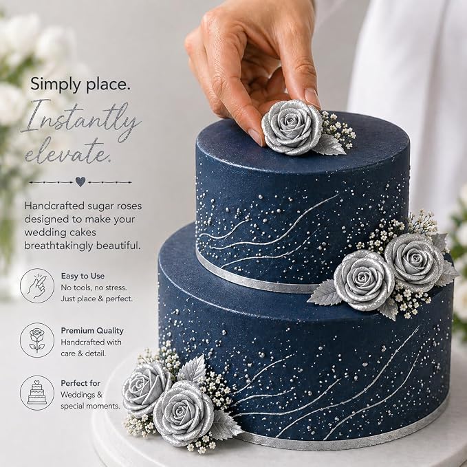 Confect Metallic Edible Shimmering Christmas Silver Roses | Edible Cupcake Toppers | Edible Flower For Cake Decorating | Pack Of 12 Edible Metallic Sugar Flowers for Cake Decorating