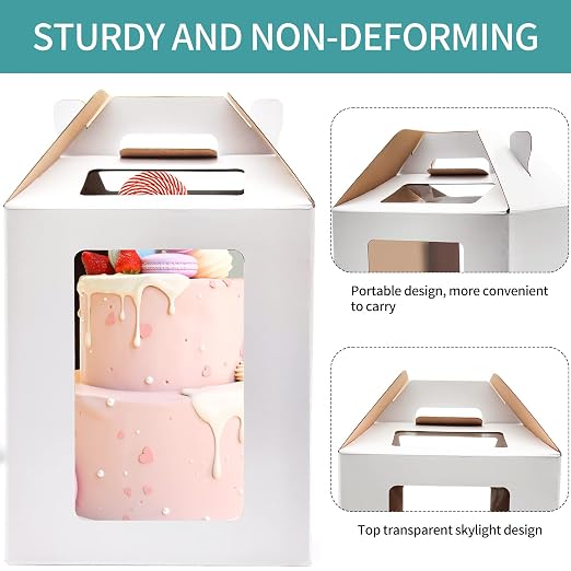 KBG Cake Boxes 6pcs 10x10x12 and 12x12x14 Inches With Window Tall Cake Box for Tier Cakes for Wedding Birthday Transport,Sturdy White Bakery Box Disposable Cake Containers Cake Boxes