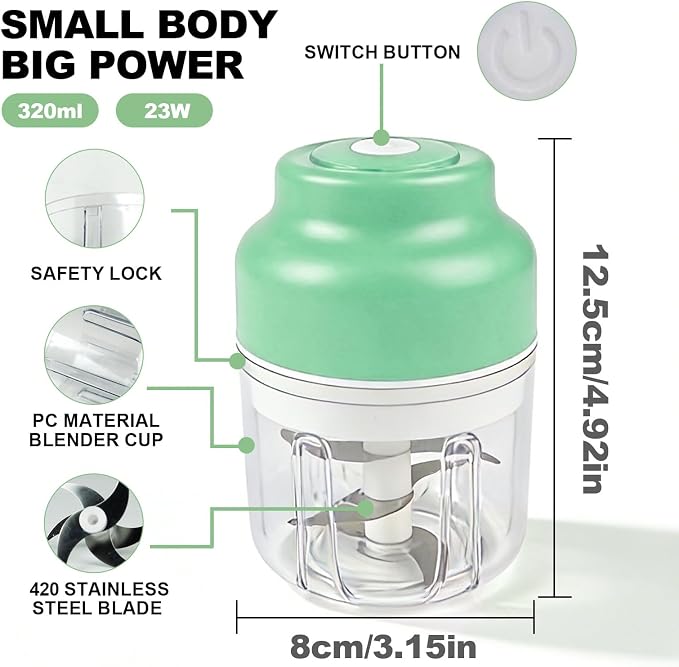 Kuars Gvni Wireless Garlic Chopper 11.26oz Mini Electric Food Processor Portable Small Blender for Chili Scallion Garlic Minced Meat Herbs (Green)