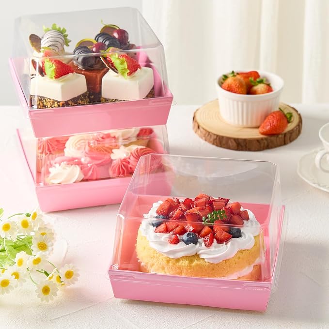 Kucoele Cake Boxes with Clear Lids, 7 x 7 x 4 Inches, 20 Pack, Pink | Disposable, Square Charcuterie Boxes, To Go Food Containers, For 4-6 Inch Cake, Jumbo Cupcakes, Bakeries