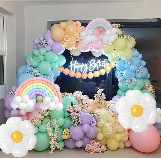Pastel Balloon Arch Kit - 144pcs Pastel & Rainbow Balloons With Daisy Designs - Macaron Easter Arch Kit for Baby Shower, Birthday & Party Decorations