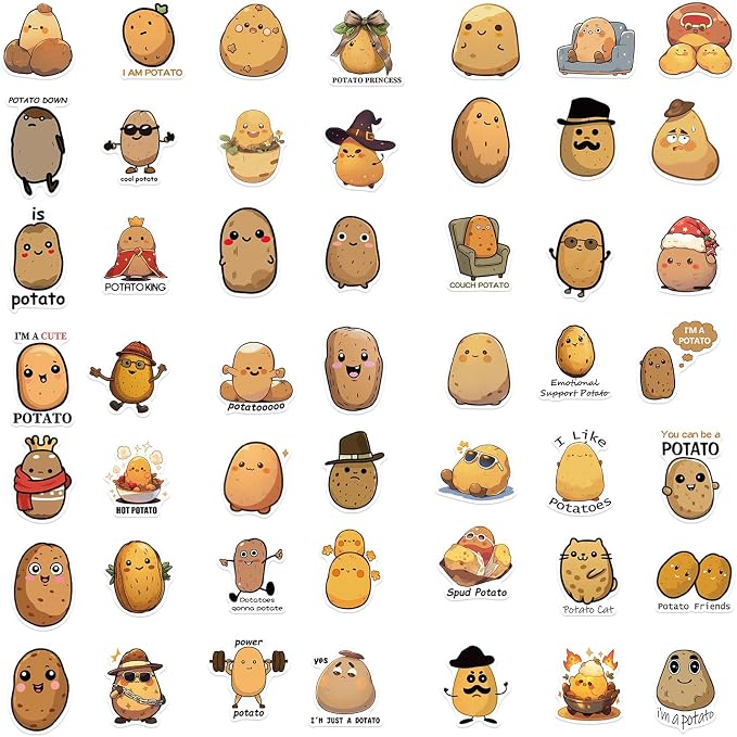 50 Pcs Funny Potato Stickers, Cute Kawaii Potato Character Decals, Waterproof Vinyl Sticker Pack for Laptop, Water Bottle, Journal for Kids & Adults(Potato)