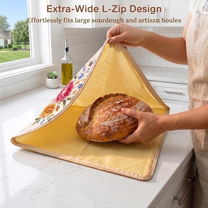 2 Pack Beeswax Bread Bags for Homemade Sourdough Bread, 17x13 Inch XL Reusable Cotton Bread Storage Bags with L-Shape Wide Zipper & Beeswax Lining for Freezer