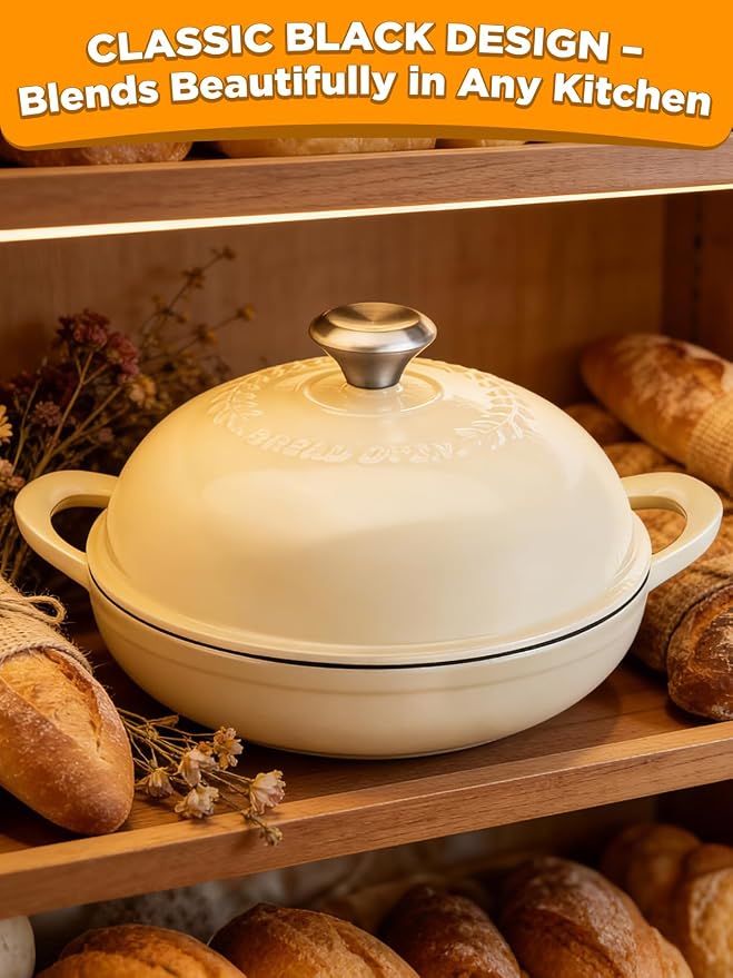 Dutch Oven Bread Baking Pot with Lid 6QT Enameled Cast Iron Oven, White Design & Complete Sourdough Kit (Banneton Basket, Dough Tools, Silicone Sling) for Artisan Bread Making