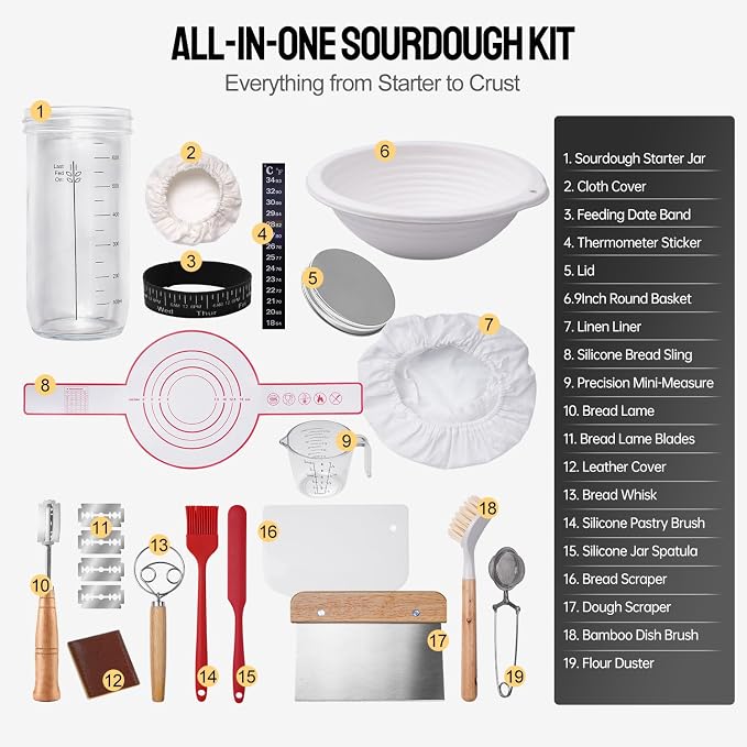 Sourdough Starter Kit, 9" Wood Pulp Banneton Proofing Basket with Jar & Lid | Complete Kit with 9" Banneton Basket & 24oz Jar. Reduces Sticking, Keeps Starter Fresh, For Home Baking, Beginners & Pros