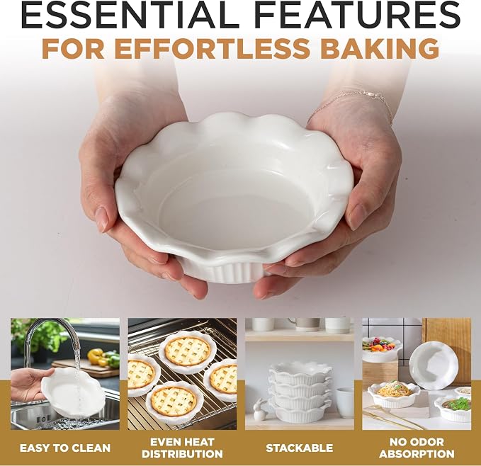 Aunt Shannon's Kitchen White Ceramic Mini Pie Pans - Set of 4 - Small 5.5 Inch Pie Pans with Classic Fluted Rims - Individual Apple Pie, Quiche, Puddings,Tart, Oven and Microwave Safe, White