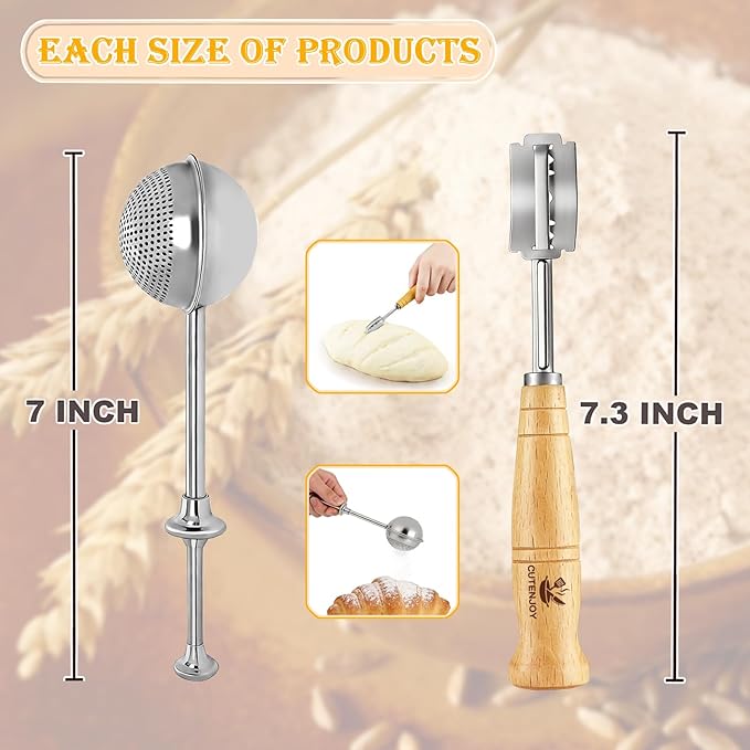 Bread Lame and Flour Duster, 304 Stainless Steel Bread Baking Supplies with Razor Blades & Leather Cover, Professional Bread Scoring Knife, Flour Duster for Baking