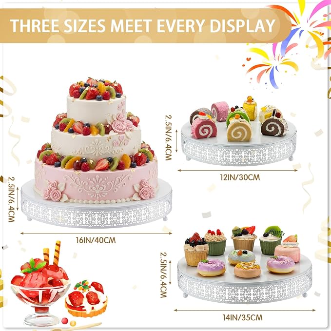Wenqik 3 Pcs 16'' 14'' 12'' Metal White Cake Stand Round Cake Stands for Dessert Table Cookies Fruit Serving Tray Cupcake Dessert Pastry Riser for Wedding Birthday Party and Events (Retro Style)