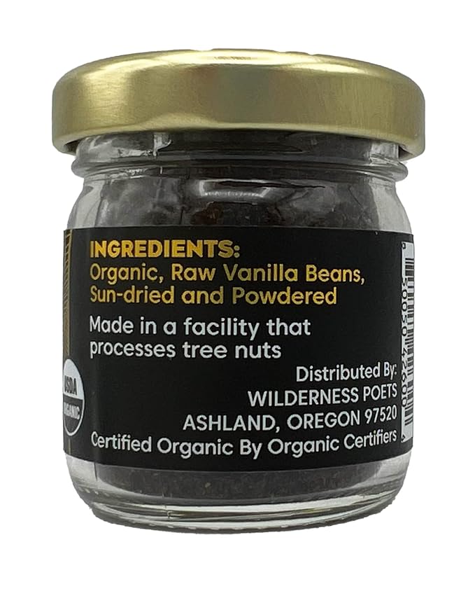 Wilderness Poets, Pure Vanilla Powder - 100% Organic Ground Vanilla Beans - Tahitian Variety, Grade A | Potent, Super Aromatic, Perfect for Chefs, Baking, Ice Cream, Coffee Lattes, Half-Ounce Glass Jar (14 Grams)