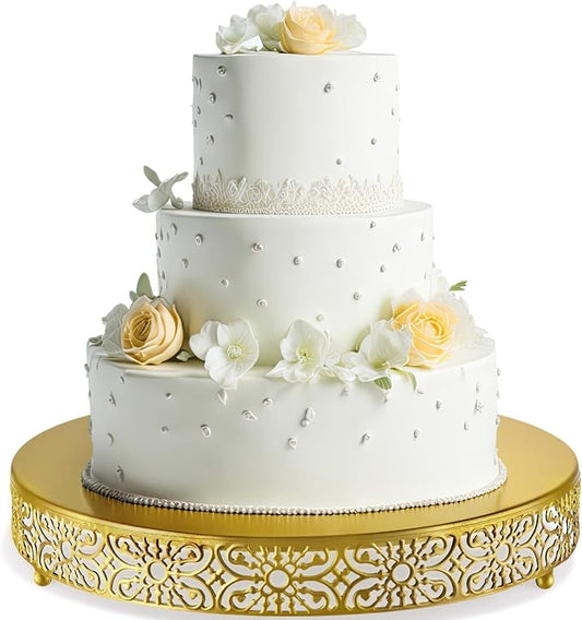 Wenqik 16 Inch Cake Stand, Metal Round Cake Stands Set with Modern Design White Dessert Display Cupcake Stands Plates Fruit Serving Tray for Wedding Birthday Baby Shower Party (Gold)