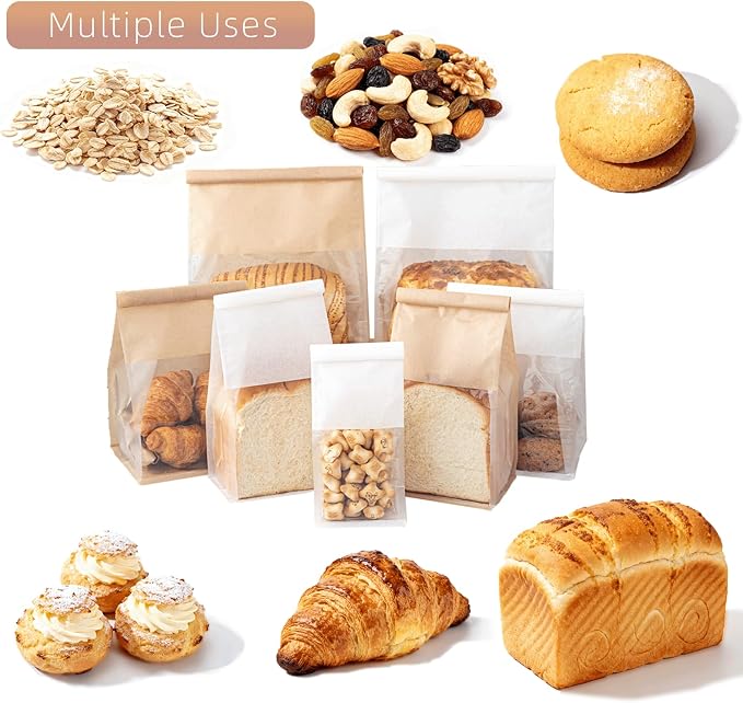 100 Pcs 8.6 Inch Bread Bags with Tin Tie, Large Loaf Bags Made Of Brown Cotton Paper, Storage Packing Bag with Clear Window for Bakery, Cafe, Homemade Bread
