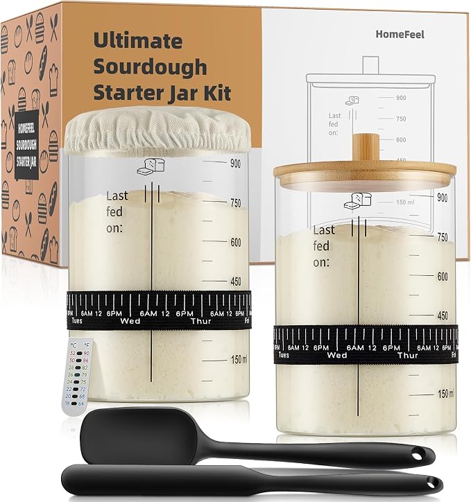 HomeFeel Premium Sourdough Starter Jar - 34 Oz Large Glass Jar with Bamboo Lid, Cloth Cover, Date Tracker, Thermometer and Scraper, Stylish Design and Wide Mouth Starter Kit (2 Pack)