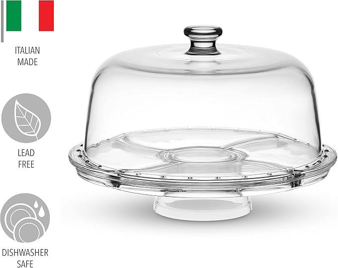 Godinger Cake Stand and Serving Plate Platter with Dome Lid, 6 in 1 Multi-Purpose Use, Crystal Glass Footed Cake Stand, Salad Bowl, Cake Plate, Fruit Platter - Made in Italy