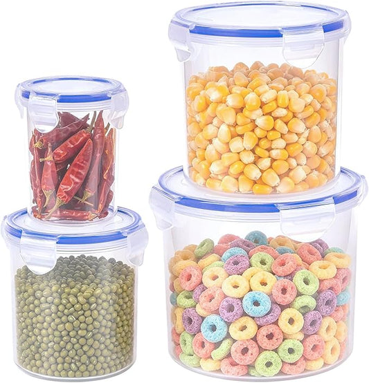 KIGI Food Storage Containers, Clear Cylinder Airtight Canister & Jar with 4-Sided Locking Lid for Coffee Bean, Sugar & Pantry Dry Food, 8 Piece Set, 1.35Cup /2.9Cup /5.2Cup /8.3Cup