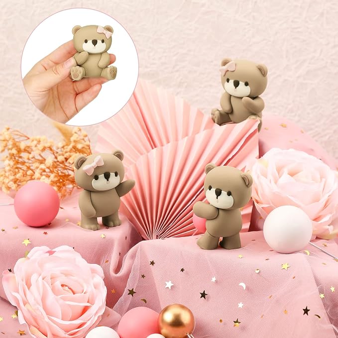 Yinder Bear Cake Toppers Mini Bear Cake Decorations Cake Toppers Gold White Pearl Ball for Birthday Party Decorations(Pink, Brown,Boho Style)