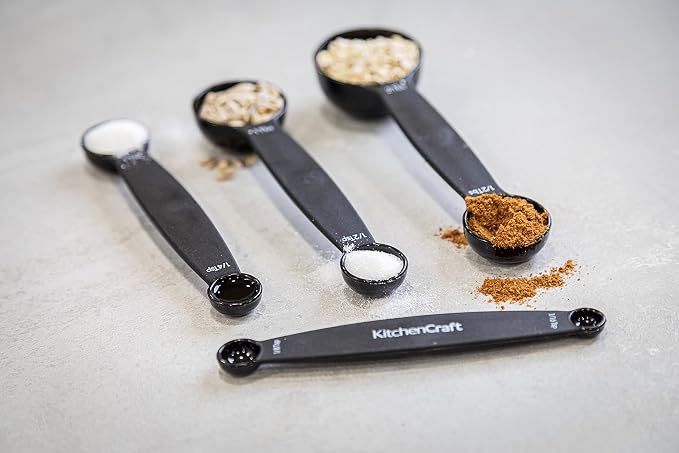 KitchenCraft Magnetic Measuring Spoons Set Stainless Steel Stackable Dual Sided Teaspoons and Tablespoons for Measuring Dry and Liquid Ingredients, Set of 4, Black