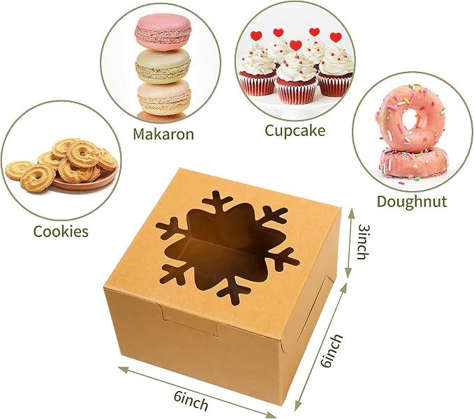 24 PCS Brown Bakery Boxes with Window, 6x6x3 Inch Christmas Cookie Boxes for Gift Giving, 6 Inch Small Treat Boxes for Mini Cake Pastry Dessert Strawberries Cupcakes Candy Donut Packaging