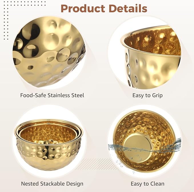 5 Pcs Stainless Steel Mixing Bowls, Gold Hammered Salad Bowl | 7.1/7.9/8.7/9.4/10.2 in, Round Stackable Serving Bowls for Kitchen Cooking, Baking, Food Prep