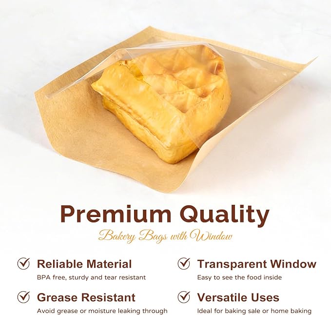 Ocmoiy Cookie Packaging Bags with Seal, 5.7 x 6.5 Inch, 100 Pack | Heat-Sealable & Grease-Resistant, Paper Bakery Bags with Window, Bake Sale Sleeves, For Treat, Donut, Brownie, Cake Slice